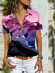 Blouse T shirt Zipper Print Multi Color Tropical Shirt Collar T-shirt Sleeve Regular Spring & Fall Pattern 5 Pattern 7 Pattern 8 for Women