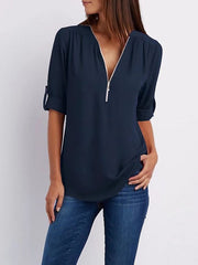 Blouse Shirt Zipper Basic Plain Daily V Neck T-shirt Sleeve Regular Summer White Black Pink Grey Dark Blue for Women