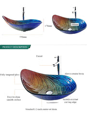 Bathroom Vessel Sink Rectangular 21"x15", Sink Mixer Faucet and Drain Combo with Pop-up Drain, Boat Shape Color Tempered Glass Artistic Vanity Sink Bowl, Above Counter Washroom Sink Art Wash Basin