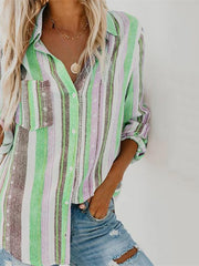 Blouse Shirt Button-Down Print Stripes Graphic Prints Classic Shirt Collar Regular Spring & Fall Green Blue Purple Pink Orange for Women