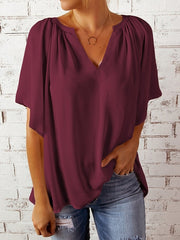 Blouse Ruched Chiffon Solid / Plain Color Basic V Neck Flutter Sleeve Summer Wine Red Black White Ocean Blue Blue for Women