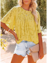 Blouse T shirt Lace Jacquard Flower / Floral Tropical Round Neck Regular Summer Light Purple White Black Yellow Light Blue for Women