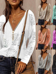 Blouse Zip Up Text Regular Spring & Fall Green Fuchsia khaki Grey White for Women