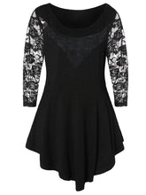 Blouse Black Red Purple Solid Color Lace Patchwork 3/4 Length Sleeve Formal Work Elegant Sexy Crew Neck Regular L for Women