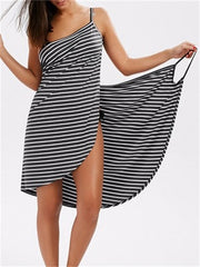 Beach Dress Resort Wear Beach Wear Mini Dress Backless Fashion Casual Stripe Spaghetti Strap Sleeveless Loose Fit Outdoor Vacation Black White Summer Spring S M L XL for Women