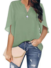 Blouse Button Chiffon Solid Color V Neck Regular Summer Black Light Green Red Red Wine Blue for Women