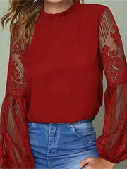 Blouse Embroidery Solid / Plain Color Classic Lace Sweet Lantern Sleeve Regular Spring & Fall Black Wine Dark Blue for Women