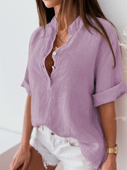 Blouse Button Solid / Plain Color Basic V Neck Summer Black Pink Royal Blue Dark Green Light Purple for Women