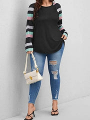 Blouse Black Color Block Print Long Sleeve Daily Vacation Casual Crew Neck Plus Size L for Women