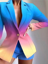 Blazer Office Suit Shorts Sets Streetwear Blue Pink Office Work Business Gradient Print Shirt Collar S M L XL for Women