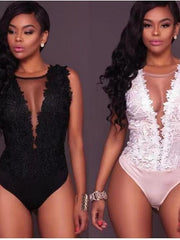 Bodysuit Black White Plain Lace Patchwork Sleeveless Holiday Beach Sexy Round Neck M for Women