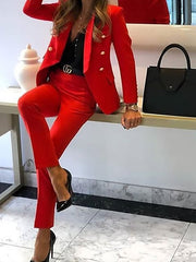 Blazer Office Suit Pants Sets Basic Streetwear Blue Yellow Office Work Business Plain Shirt Collar S M L XL XXL for Women