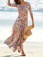 Boho Dress Midi Dress Pink 3/4 Length Sleeve Floral Ruched Summer Spring Fall Crew Neck Stylish Weekend S M L XL XXL 3XL for Women