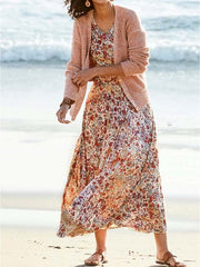 Boho Dress Midi Dress Pink 3/4 Length Sleeve Floral Ruched Summer Spring Fall Crew Neck Stylish Weekend S M L XL XXL 3XL for Women