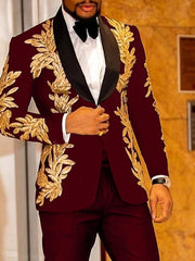 Burgundy Men's Party Prom Sequin Disco Sparkly Tuxedos 2 Piece Shawl Collar Floral Print Standard Fit Single Breasted One-button