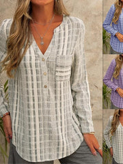 Blouse Pocket Striped V Neck Regular Spring & Fall Blue Purple Gray for Women