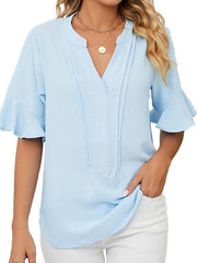 Blouse Pleated Ruffle Solid / Plain Color Basic V Neck Petal Sleeves Summer pea green Black White Pink Blue for Women