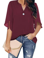 Blouse Button Chiffon Solid Color V Neck Regular Summer Black Light Green Red Red Wine Blue for Women
