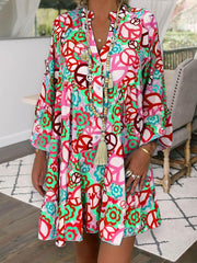 V NECK BUTTONED DOWN ABSTRACY PRINTED DRESSES