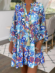 V NECK BUTTONED DOWN ABSTRACY PRINTED DRESSES