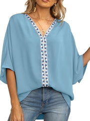 Blouse Chiffon Thin Solid / Plain Color Basic V Neck Batwing Sleeve Summer Black White Wine Blue Dark Blue for Women
