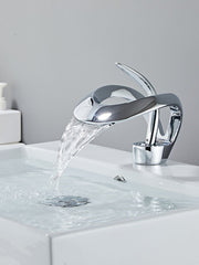 Black Bathroom Sink Mixer Faucet Waterfall Spout, Brass Basin Taps Single Handle One Hole Vessel Bathroom Tap with Hot and Cold Switch Golden Grey Chrome