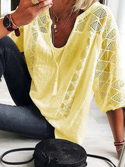 Blouse Lace Patchwork Solid Color Basic Boho U Neck Lace-up Spring & Fall Black White Yellow Light Blue Grey for Women