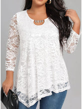 Blouse White Floral Lace Long Sleeve Work Daily Elegant Crew Neck Plus Size L for Women