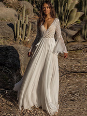Boho Dress Cover Up Beach Wear Long Dress Maxi Dress Mesh Patchwork Fashion Modern Plain V Neck Long Sleeve Loose Fit Outdoor Daily White Summer Spring One Size for Women
