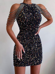 Bodycon Mini Dress Black Pink Sleeveless Pure Color Sequins Tassel Fringe Beads Spring Summer Crew Neck Hot Elegant Party S M L XL / Party Dress for Women