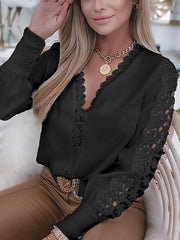 Blouse Lace Solid Colored Basic V Neck Standard Winter White for Women