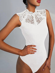 Bodysuit Black White Pink Plain Lace Patchwork Sleeveless Casual Daily Basic Round Neck S for Women