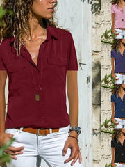 Blouse Pocket Solid Colored Daily Shirt Collar T-shirt Sleeve Light Summer Blue Black Purple Dark Red Pink for Women