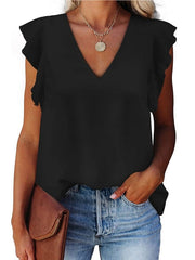 Blouse Loose Solid / Plain Color Basic V Neck Flutter Sleeve Summer Black White Yellow Pink Green for Women