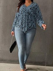 Blouse Blue Graphic Ruched Print Long Sleeve Work Daily Elegant V Neck Plus Size L for Women