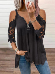 Blouse Lace Zipper Solid Color Lace Basic Standard Summer Black White Pink Red for Women