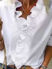 Blouse Shirt V Neck Lettuce Trim Plain Modern V Neck Regular Spring & Fall Green Blue White Orange for Women