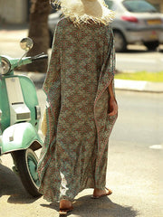 Boho Dress Cover Up Beach Wear Long Dress Maxi Dress Dolman Print Ethnic Casual Floral V Neck 3/4 Length Sleeve Loose Fit Outdoor Daily Green Summer Spring One Size for Women