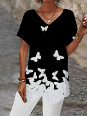 Blouse Black Yellow Blue Graphic Butterfly Asymmetrical Print Short Sleeve Daily Weekend Basic V Neck Regular Butterfly Painting S for Women