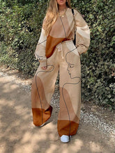 Blouse Pants Sets Streetwear Camel Khaki Vacation Casual Daily Abstract Drawstring Print Crew Neck S M L XL XXL / Loose Fit for Women