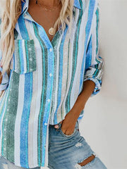 Blouse Shirt Button-Down Print Stripes Graphic Prints Classic Shirt Collar Regular Spring & Fall Green Blue Purple Pink Orange for Women