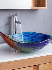Bathroom Vessel Sink Rectangular 21"x15", Sink Mixer Faucet and Drain Combo with Pop-up Drain, Boat Shape Color Tempered Glass Artistic Vanity Sink Bowl, Above Counter Washroom Sink Art Wash Basin