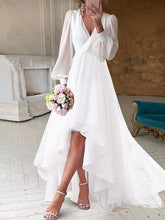 Bridal Shower Little White Dresses Casual Wedding Dresses A-Line V Neck Long Sleeve Asymmetrical Chiffon Bridal Gowns With Solid Color 2023 Summer Wedding Party, Women's Clothing