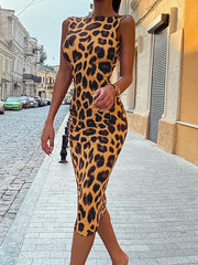 Bodycon Sheath Dress Midi Dress Yellow Red Purple Sleeveless Leopard Backless Spring Summer Crew Neck Stylish Weekend S M L XL XXL 3XL for Women