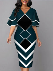 Bodycon Sheath Dress Modern Dress Midi Dress Yellow Wine Royal Blue Half Sleeve Print Ruffle Summer Spring V Neck Stylish S M L XL XXL 3XL 4XL 5XL for Women