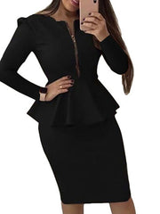 Bodycon Sheath Dress Church Dress Midi Dress Black Yellow Red Long Sleeve Pure Color Ruffle Winter Fall Autumn Crew Neck Work Winter Dress Weekend Fall Dress S M L XL XXL for Women