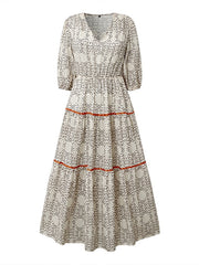 Bohemia Floral V Neck Casual Dress Holiday Dress Swing Dress Long Dress Maxi Dress Khaki Half Sleeve Abstract Ruched Sunmmer Fall Spring Classic Daily Weekend S M L XL XXL 3XL for Women