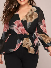 Blouse Black Floral Ruched Print Long Sleeve Work Going out Festival V Neck L for Women