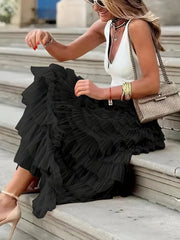Boho Solid Mesh Layered Hem High Waist Maxi Dress