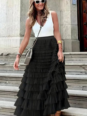 Boho Solid Mesh Layered Hem High Waist Maxi Dress